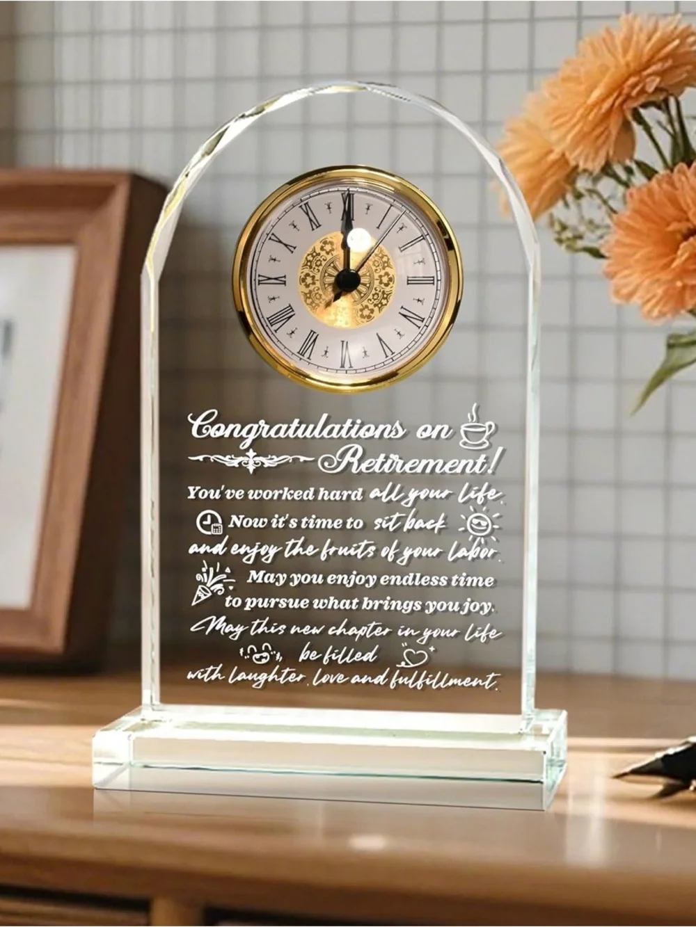 Crystal Happy Retirement Glass Clock Plaque - Clear